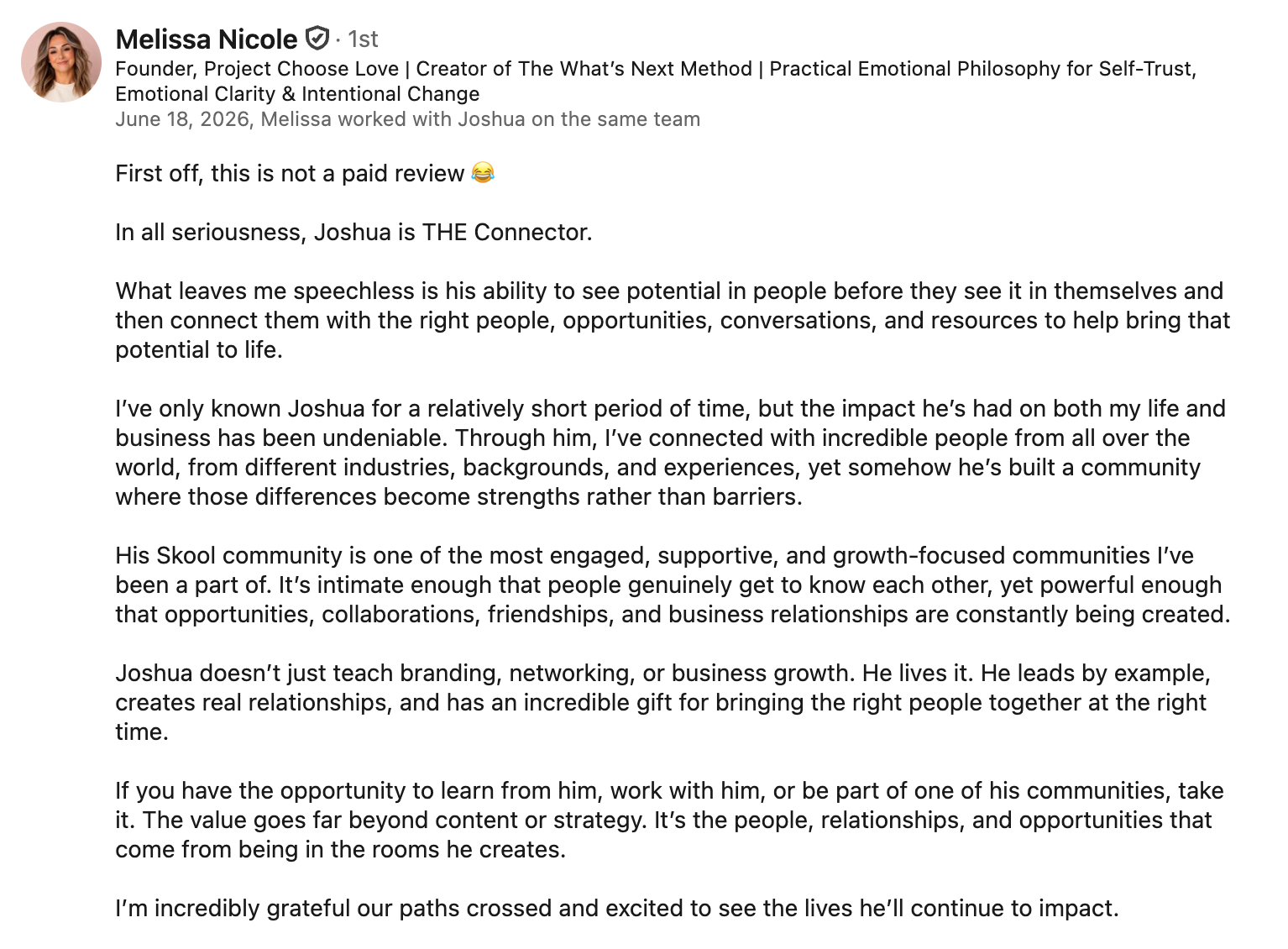 Testimonial, Melissa Nicole