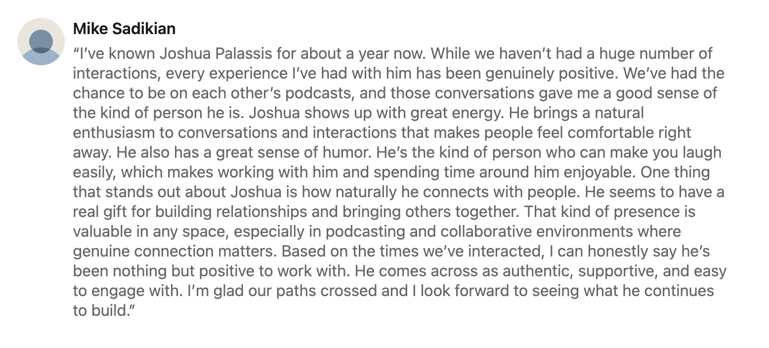 Testimonial, Mike Sadikian